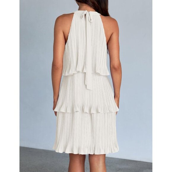 Women's Summer Halter Dress Sleeveless Ruffle Tiered Layered Chiffon Mini Dress - Picture 4 of 8